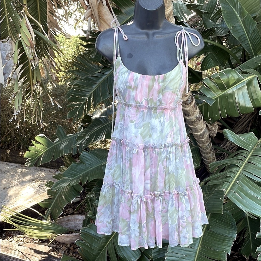 Saint and, secrets, soft floral, pastel tiered, mini dress